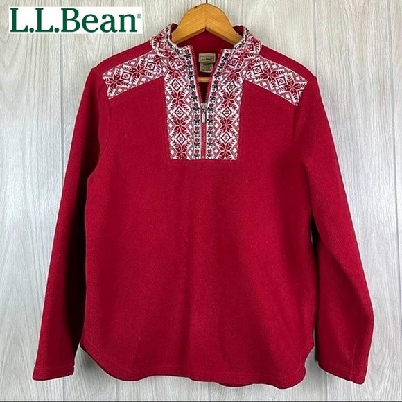 L.L. Bean Tops - L.L. BEAN Rare Find Vintage Red Nordic Fair Isle Snowflake Print Fleece Pullover